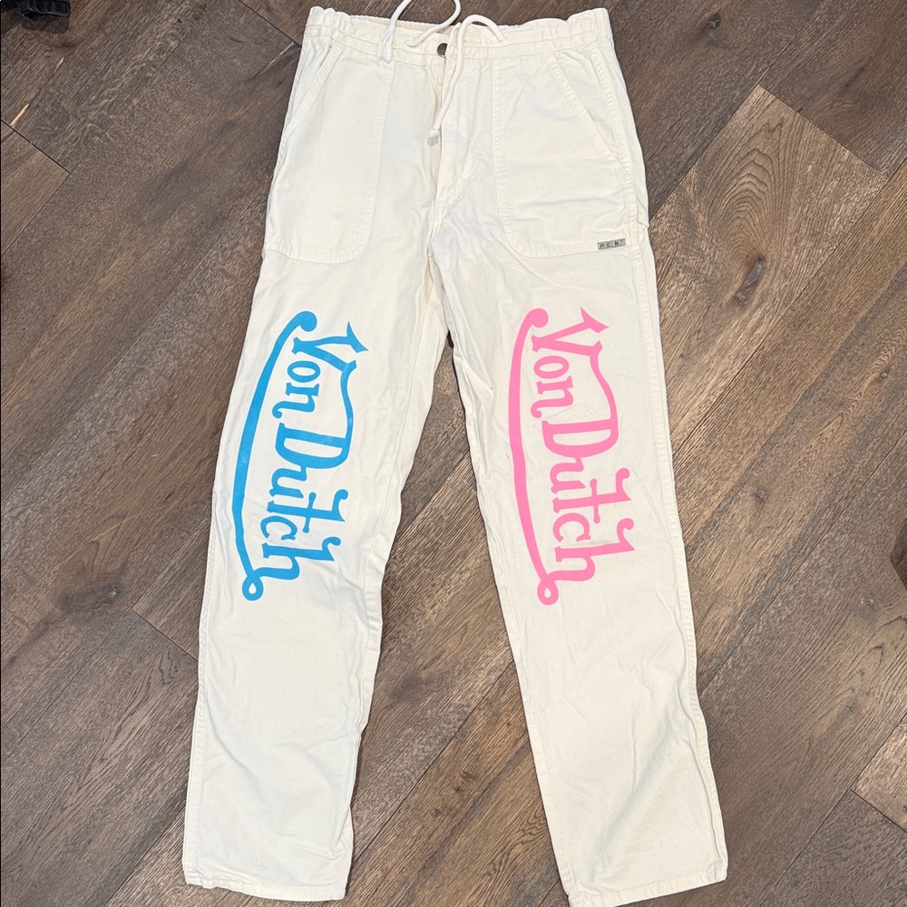 Von Dutch  Casual White Pants with Pink and Blue Accents front & Brown & Yellow